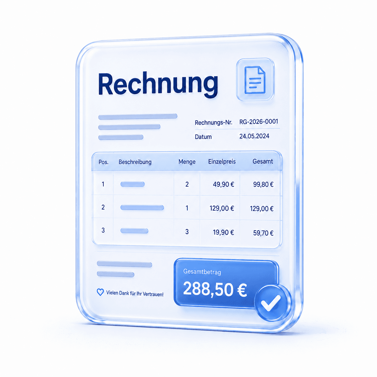 Gläserne Rechnung mit Gesamtbetrag